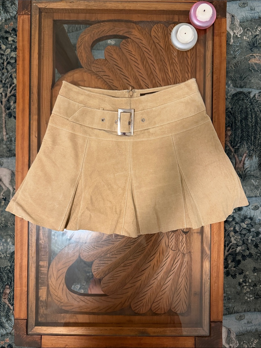 Beige Suede Pleated Mini Skirt with Buckle Waist